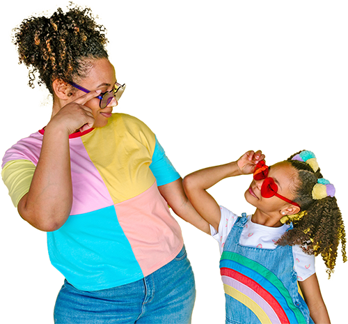 Mother and daughter having fun with colored sunglasses