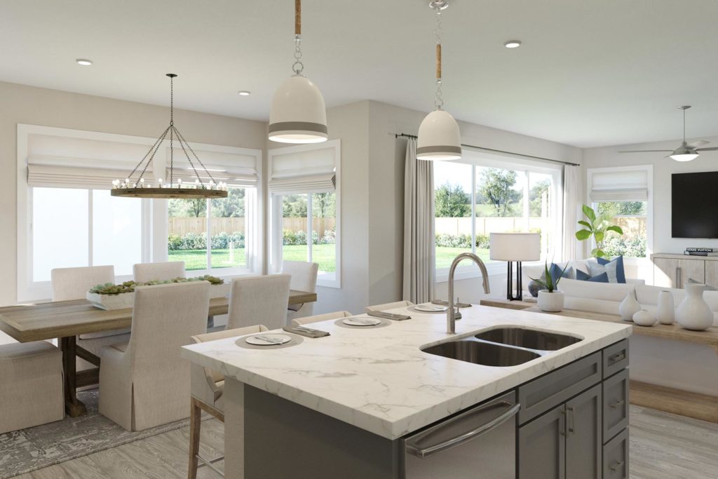 Kitchen to Dining Room and Great Room in Plan 2 - Townsend at Ellis in Tracy, CA