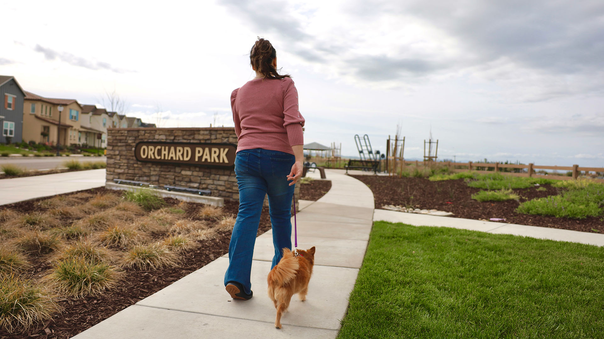 Woman walking her dog in Orchard Park at Ellis